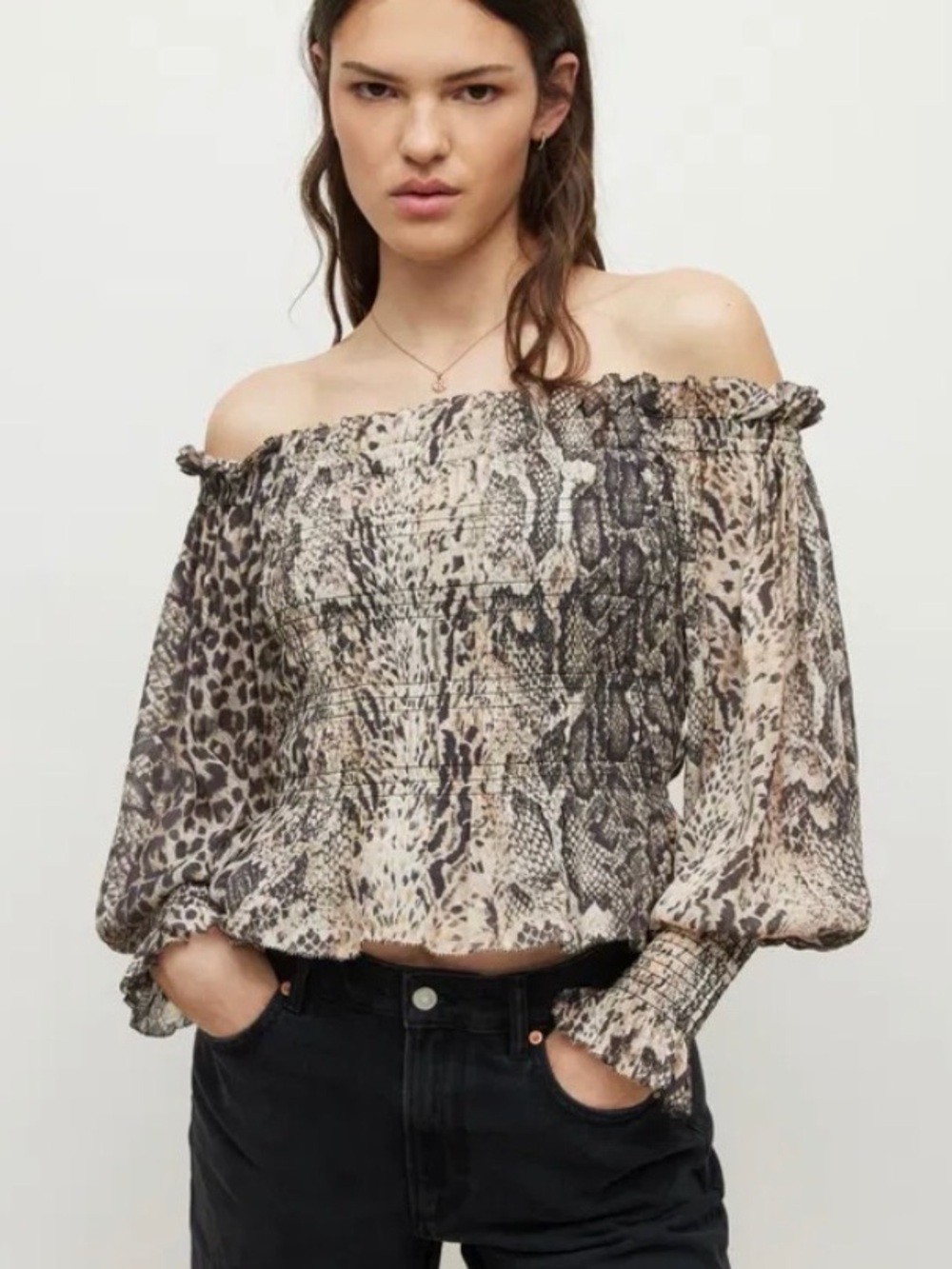All Saints Lara Noche Off the Shoulder Smocked Top Size 10